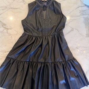 Fate Black Faux Leather Sleeveless Tiered Dress